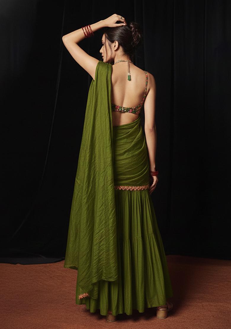 Olive Green Embroidery Blouse Crepe Fusion Set - Indya