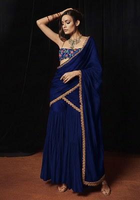 Navy Embroidery Blouse Crepe Fusion Set