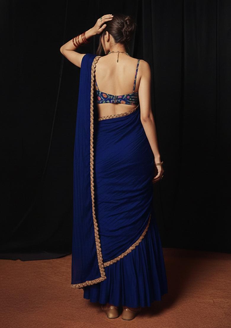 Navy Embroidery Blouse Crepe Fusion Set - Indya