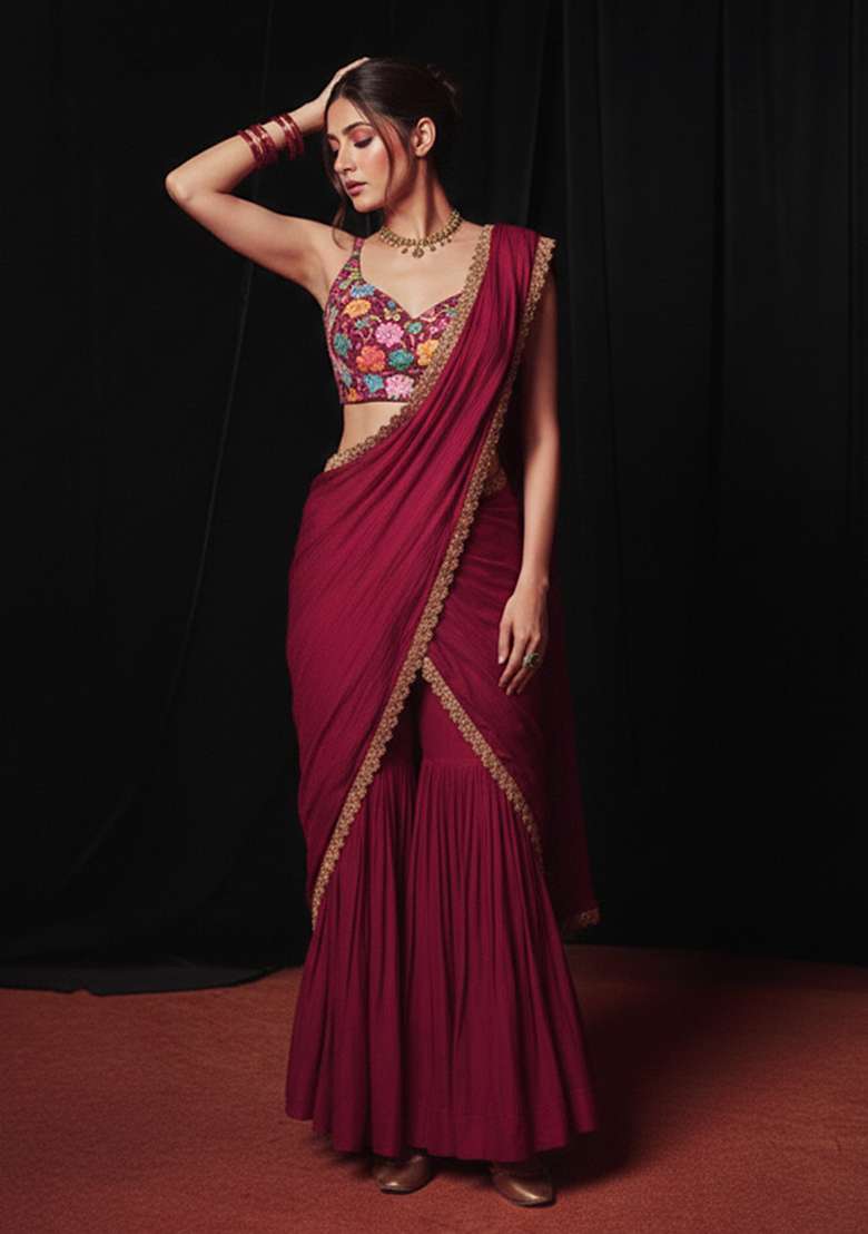 Maroon Blouse Crepe Fusion Set with Embroidery for Diwali | Wedding & Festive Wear - Indya