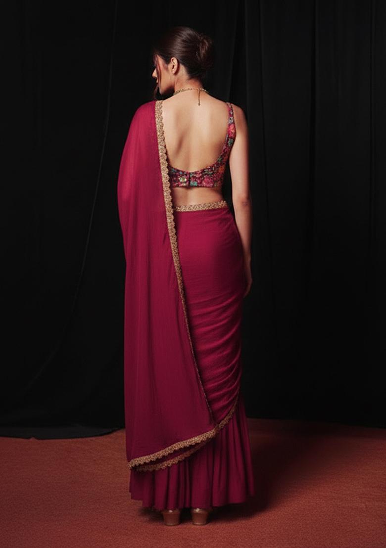 Maroon Embroidery Blouse Crepe Fusion Set - Indya