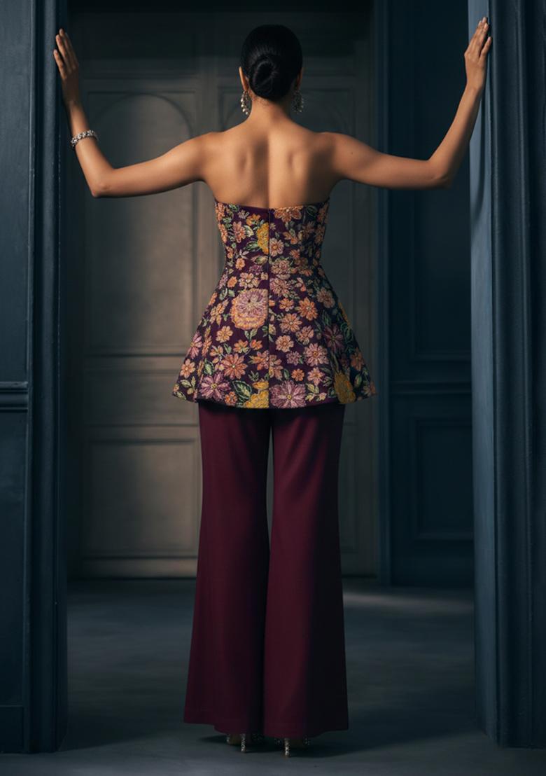 Burgundy Floral Embroidery Viscose Fusion Set - Indya