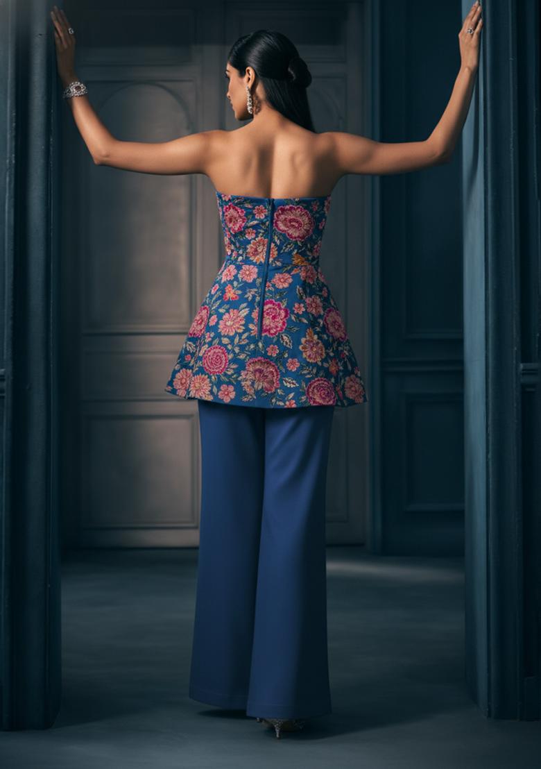 Royal Blue Floral Embroidery Viscose Fusion Set - Indya