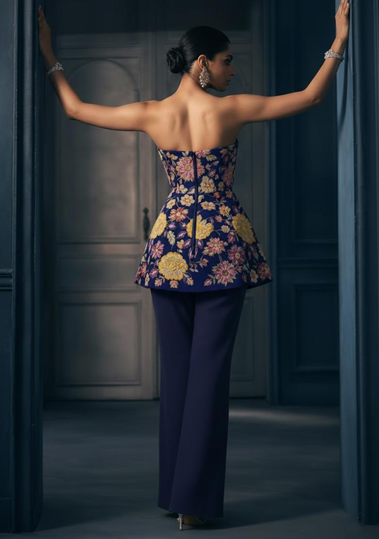 Navy Blue Floral Embroidery Viscose Fusion Set - Indya