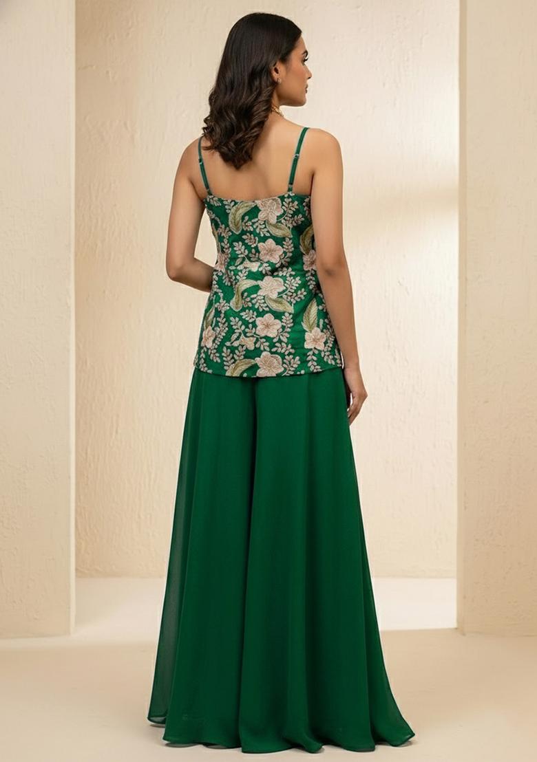 Teal Green Floral Print Crepe Sharara Set - Indya