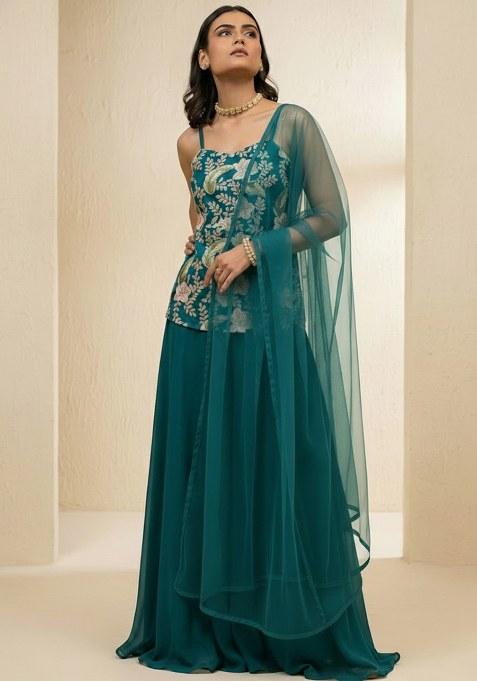Teal Green Floral Print Crepe Sharara Set