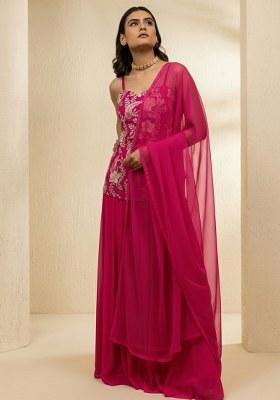 Pink Floral Print Crepe Sharara Set