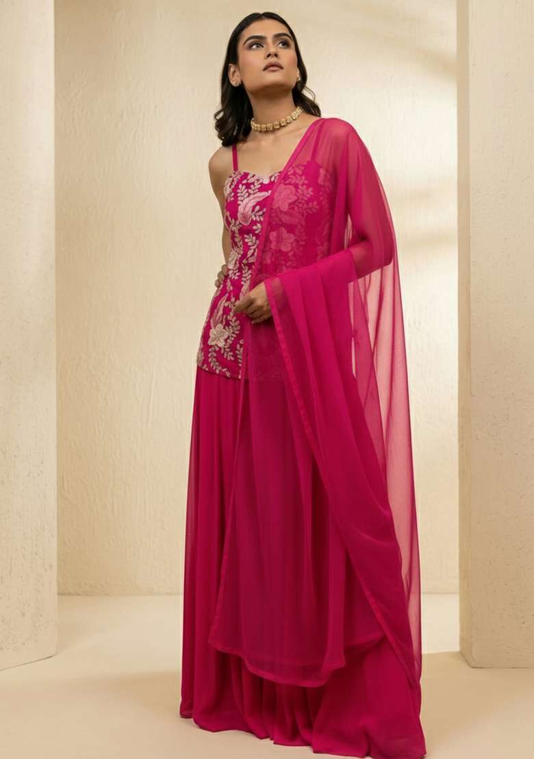 Pink Floral Print Crepe Sharara Set - Indya