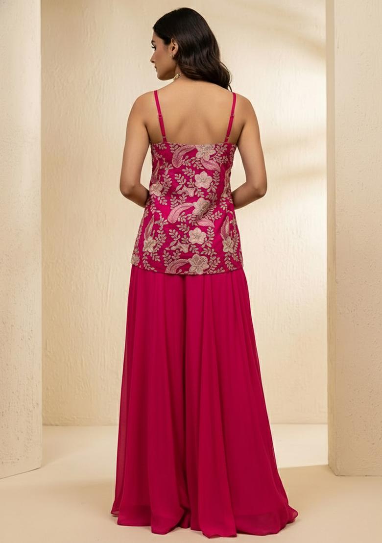 Pink Floral Print Crepe Sharara Set - Indya