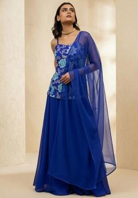 Royal Blue Floral Print Crepe Sharara Set