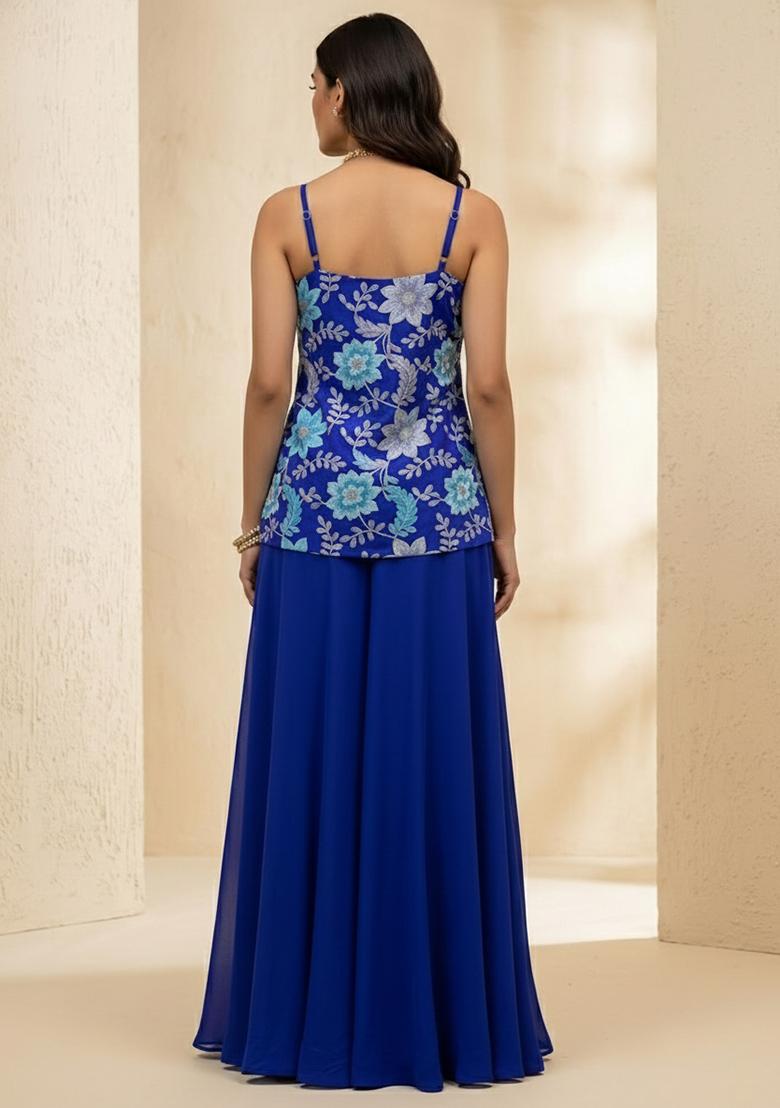 Royal Blue Floral Print Crepe Sharara Set - Indya