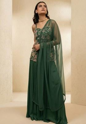 Deep Green Floral Print Crepe Sharara Set