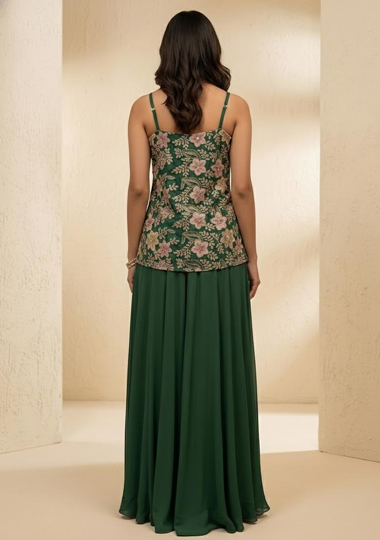 Deep Green Floral Print Crepe Sharara Set - Indya
