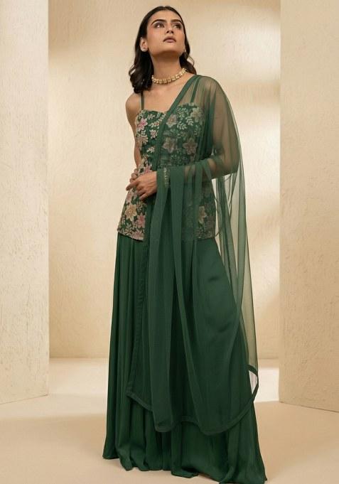 Deep Green Floral Print Crepe Sharara Set
