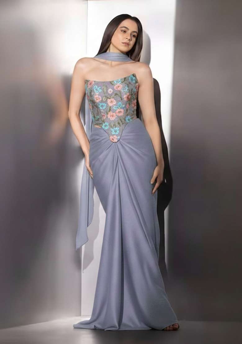 Dusty Blue Floral Print Crepe Corset Blouse Fusion Set - Indya