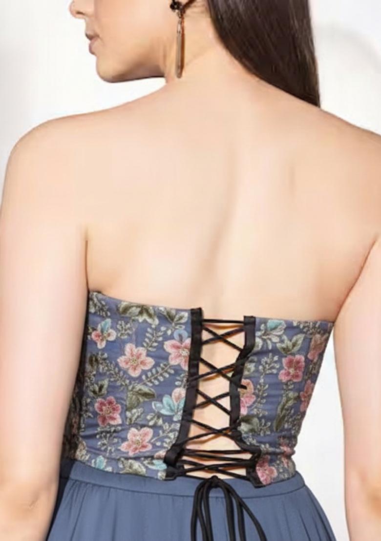 Dusty Blue Floral Print Crepe Fusion Set - Indya