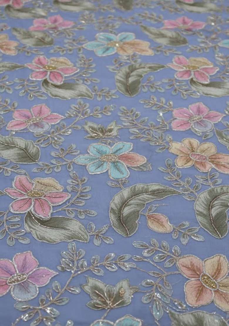 Dusty Blue Floral Print Crepe Corset Blouse Fusion Set - Indya