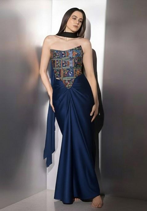 Navy Blue Figure Print Crepe Fusion Set