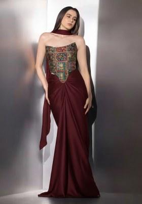 Brown Figure Print Crepe Fusion Set