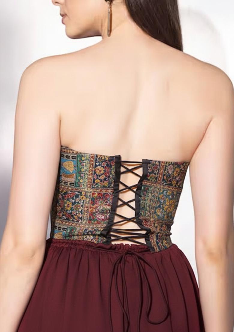 Brown Figure Print Crepe Fusion Set - Indya