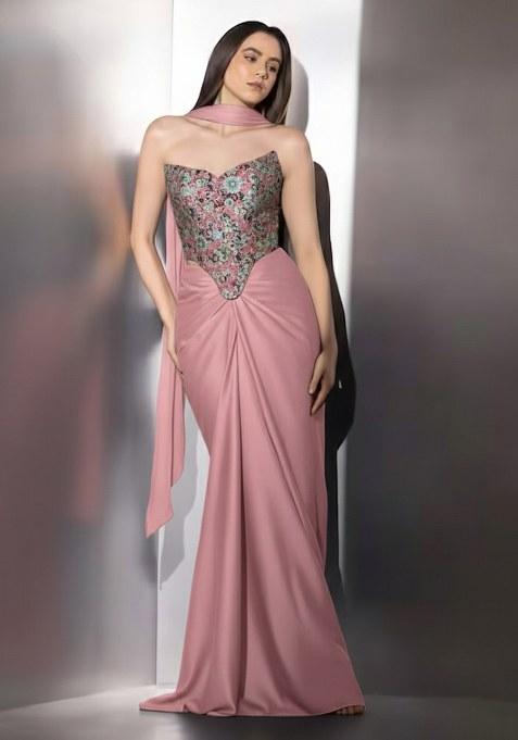 Pink Floral Print Crepe Fusion Set