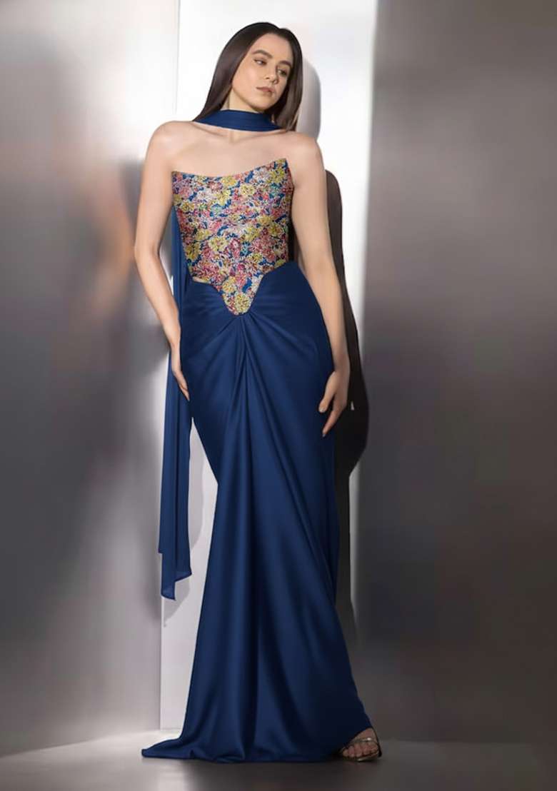Navy Blue Embroidered Crepe Corset Blouse Fusion Set - Indya