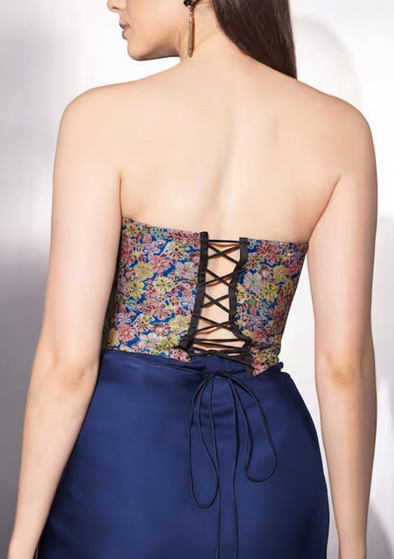 Navy Blue Embroidered Crepe Fusion Set - Indya