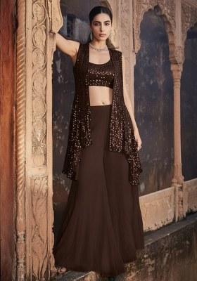 Coffee Brown Sequin Embellishment Georgette Fusion Set
