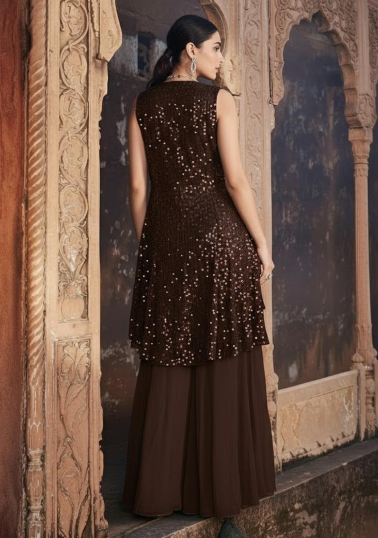 Coffee Brown Sequin Embellishment Georgette Fusion Set - Indya