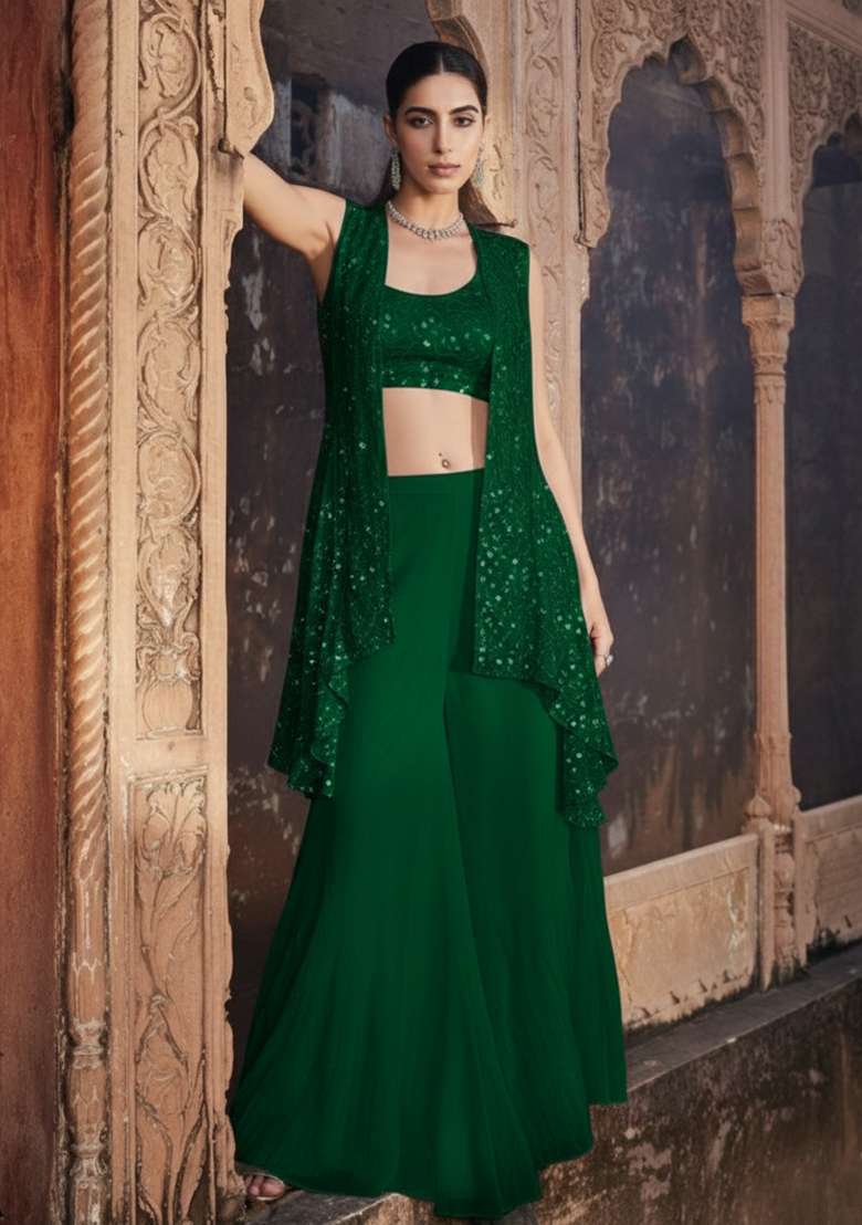 Deep Bottle Green Sequin Embellishment Georgette Fusion Set - Indya