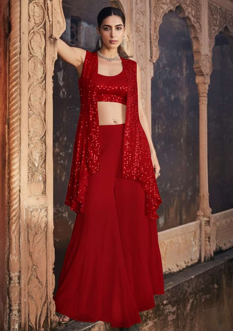 Wine Red Sequin Embellishment Georgette Fusion Set - Indya