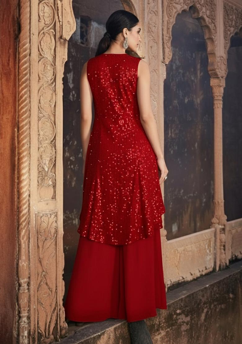Wine Red Sequin Embellishment Georgette Fusion Set - Indya