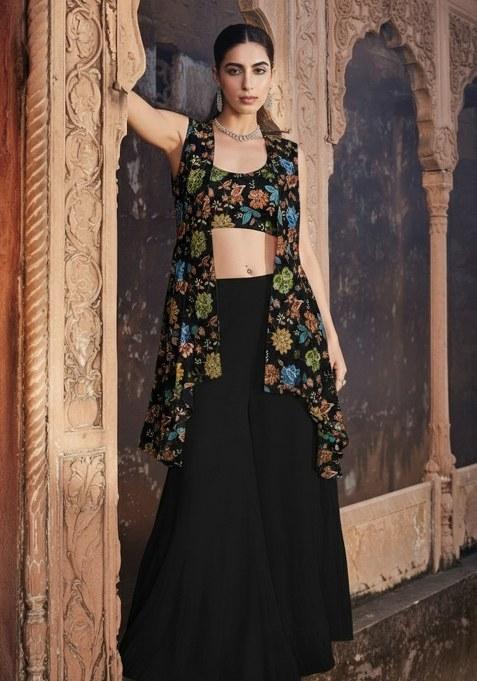 Black Embroidered Crepe Fusion Set