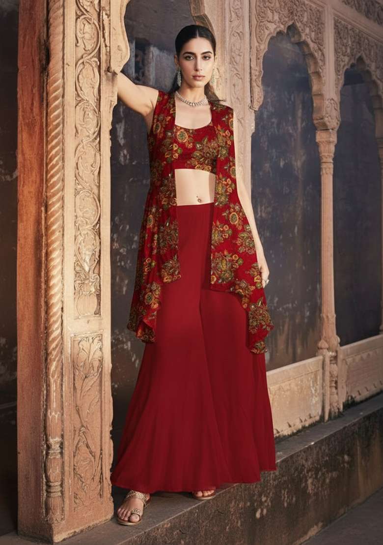 Wine Red Embroidered Organza Fusion Set - Indya