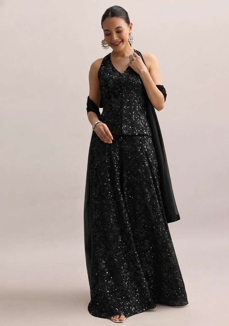 Black Sequin Embroidery Georgette Fusion Set - Indya