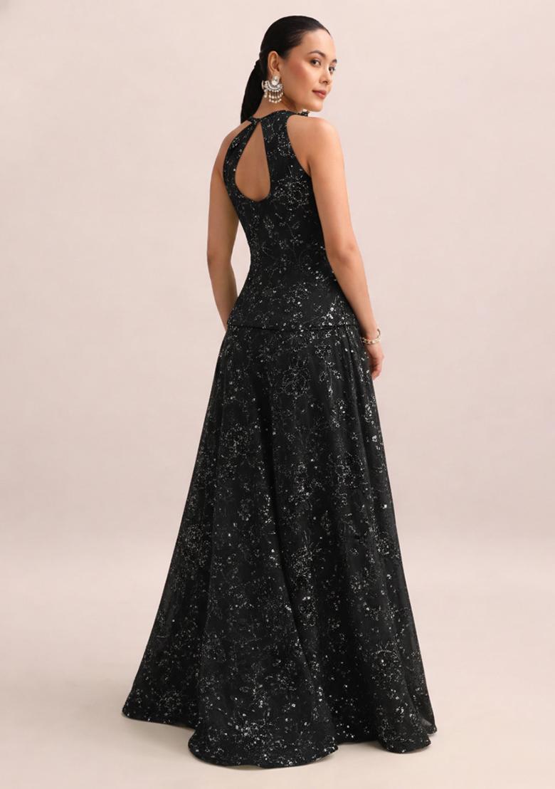 Black Sequin Embroidery Georgette Fusion Set - Indya