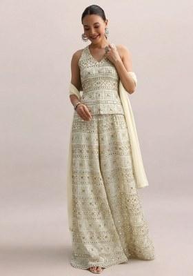 Off White Sequin Embroidery Georgette Fusion Set