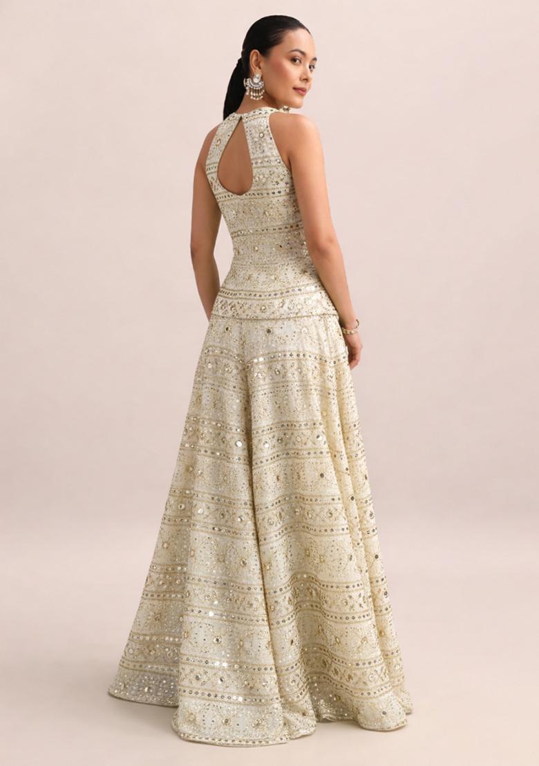 Off White Sequin Embroidery Georgette Fusion Set - Indya