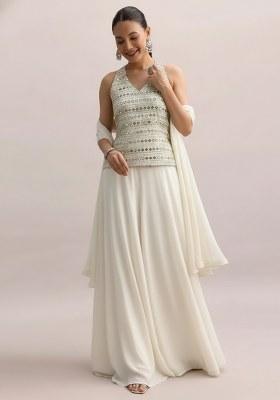Off White Sequin Embroidery Georgette Fusion Set
