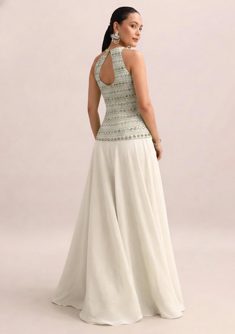 Off White Sequin Embroidery Georgette Fusion Set - Indya