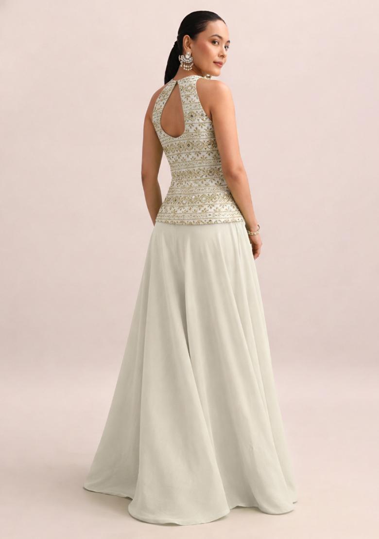 Cream Sequin Embroidery Georgette Fusion Set - Indya