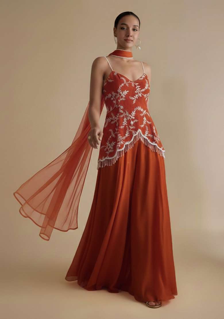 Orange Embroidered Crepe Fusion Set - Indya