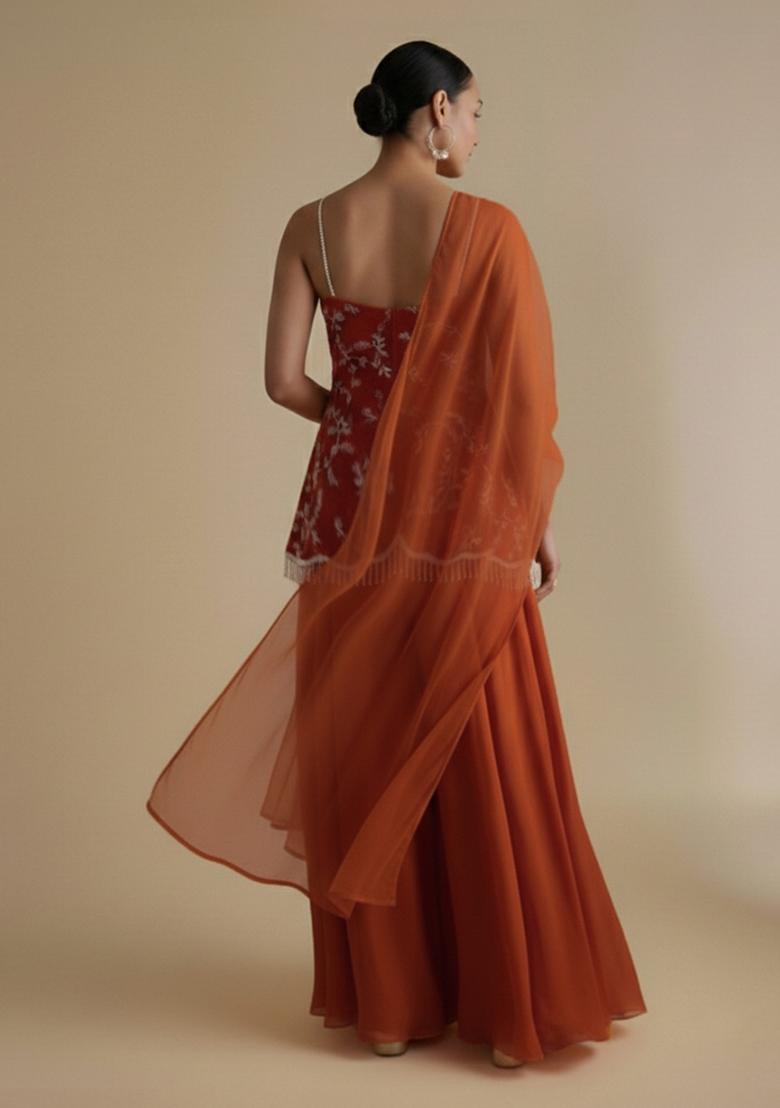 Orange Embroidered Crepe Fusion Set - Indya