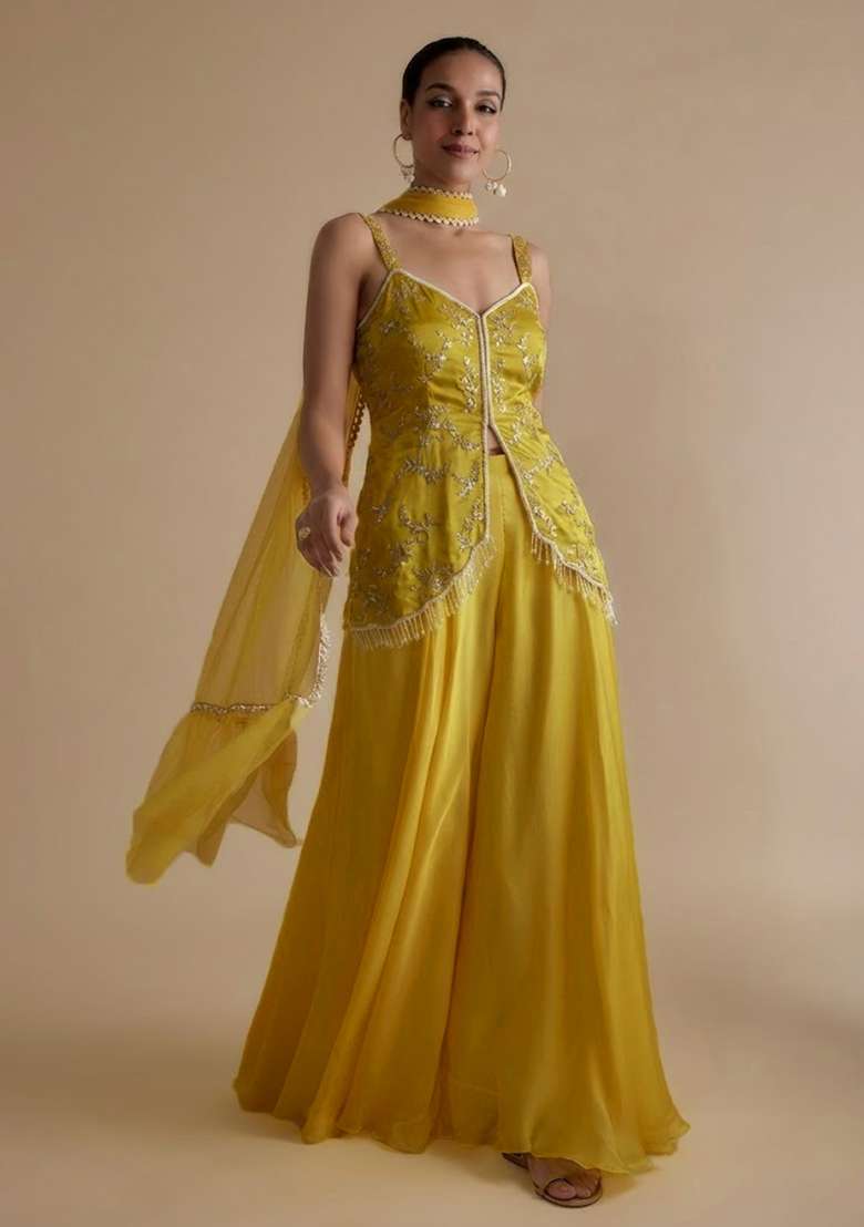 Yellow Crepe Fusion Set With Embroidered Blouse - Indya
