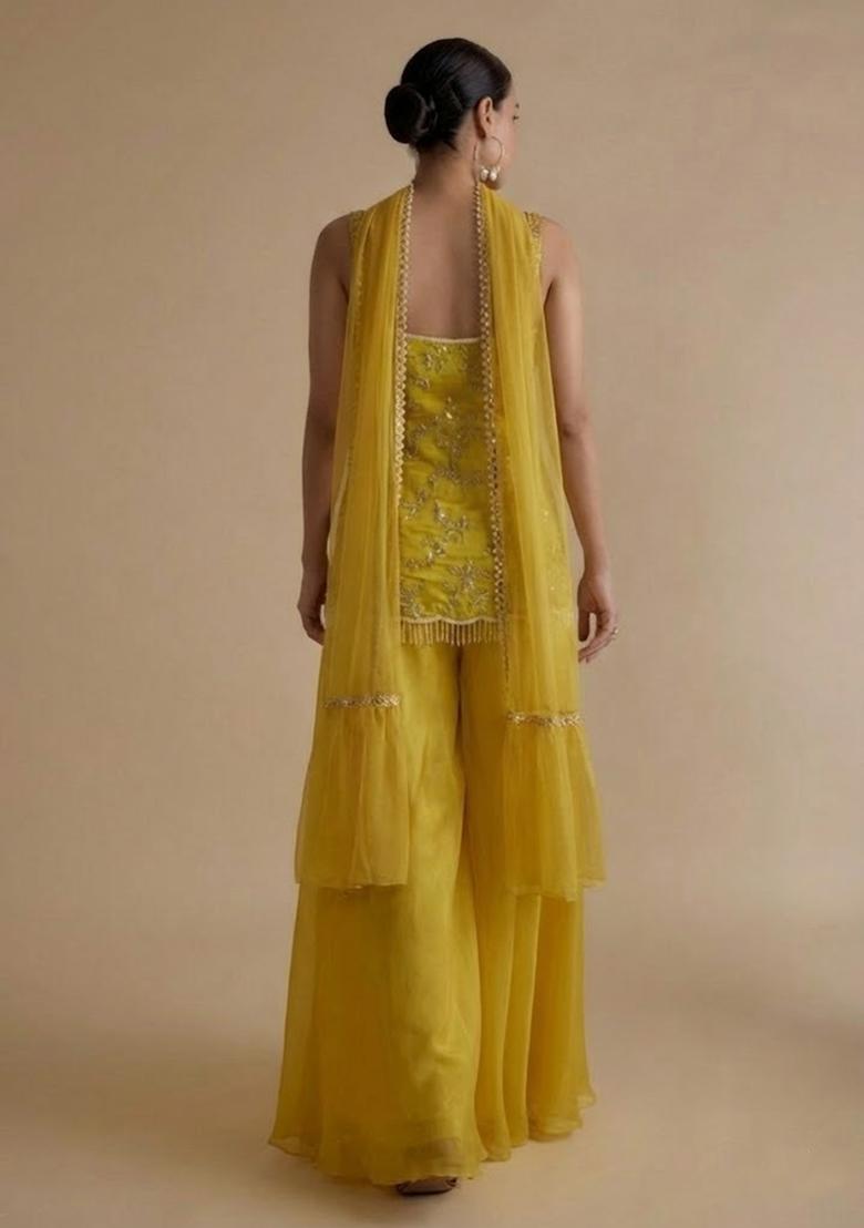 Yellow Crepe Fusion Set With Embroidered Blouse - Indya