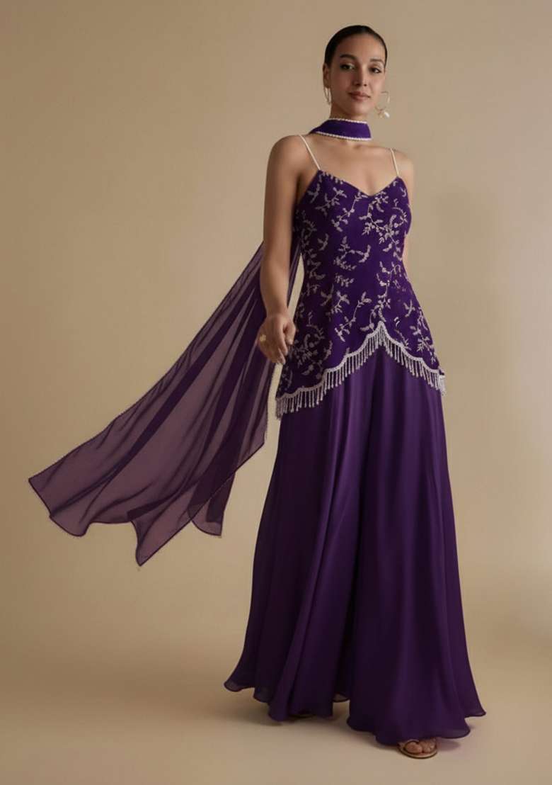 Purple Crepe Fusion Set With Embroidered Blouse - Indya