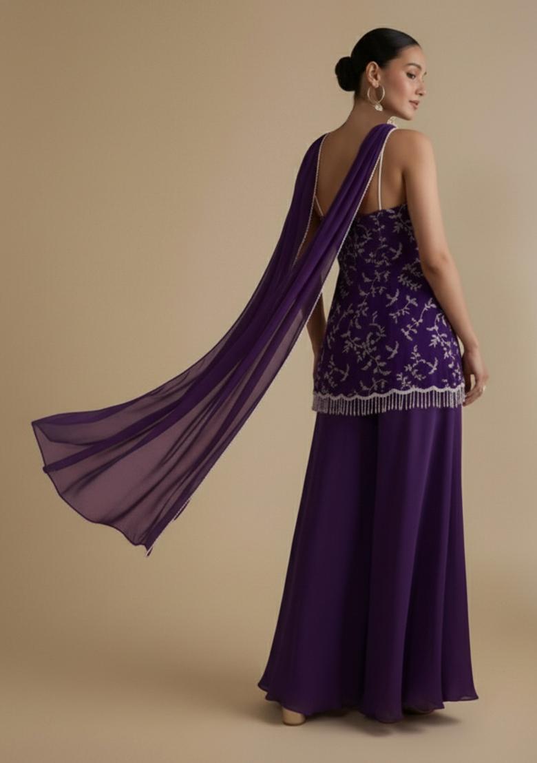 Purple Crepe Fusion Set With Embroidered Blouse - Indya