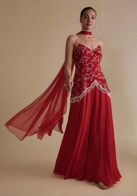 Red Crepe Fusion Set With Embroidered Blouse
