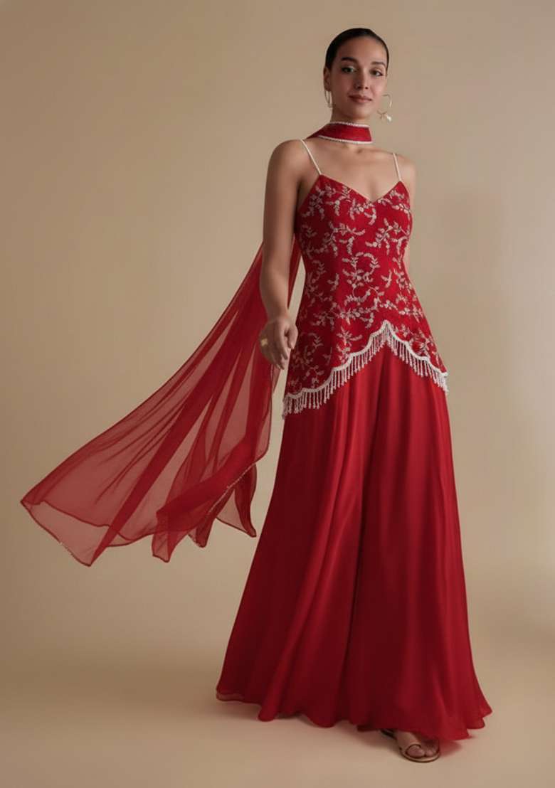 Red Crepe Fusion Set With Embroidered Blouse - Indya