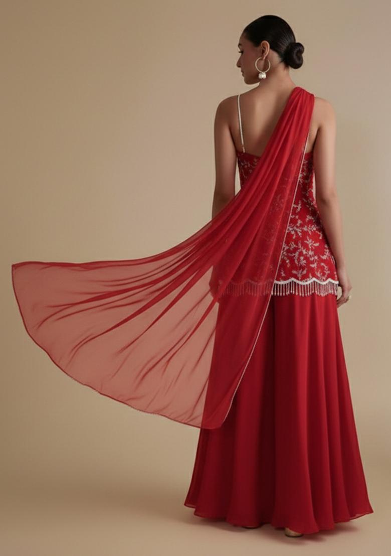 Red Crepe Fusion Set With Embroidered Blouse - Indya